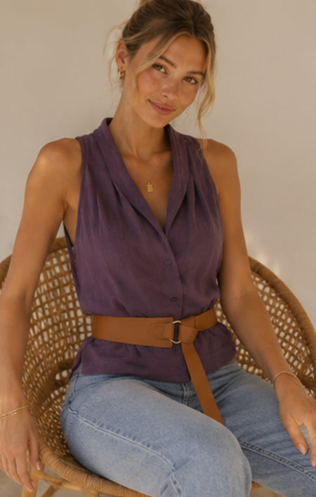 Chile Halterneck Top With Belt - seated shot, purple - Miss Mosa By Akanksha