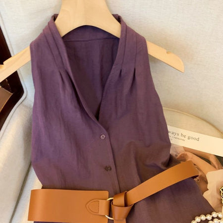 Chile Halterneck Top With Belt - flat-lay shot, purple - Miss Mosa By Akanksha