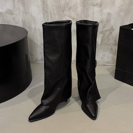 Chloe Mid Calf Pointed Boots - back styled shot, burgundy - Miss Mosa By Akanksha