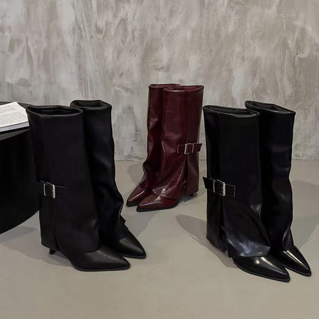 Chloe Mid Calf Pointed Boots - front pair shot, black - Miss Mosa By Akanksha