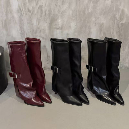 Chloe Mid Calf Pointed Boots - group pair shot, burgundy and black - Miss Mosa By Akanksha