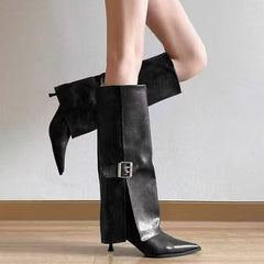 Chloe Mid Calf Pointed Boots - styled shot, black - Miss Mosa By Akanksha