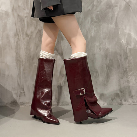 Chloe Mid Calf Pointed Boots - back styled shot, burgundy - Miss Mosa By Akanksha