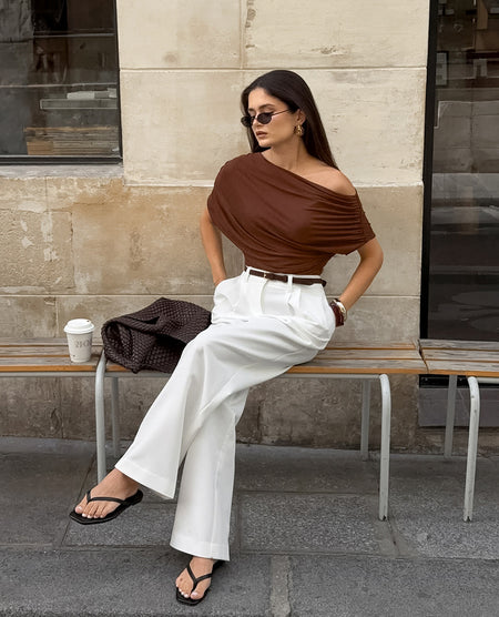 Chloe One Shoulder Summer Top - seated full-length shot, brown - Miss Mosa By Akanksha