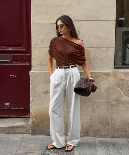 Chloe One Shoulder Summer Top - full-length shot, brown - Miss Mosa By Akanksha