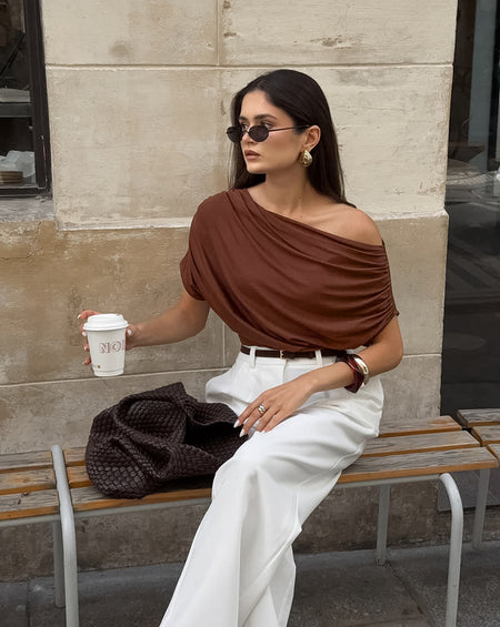 Chloe One Shoulder Summer Top - seated shot, brown - Miss Mosa By Akanksha