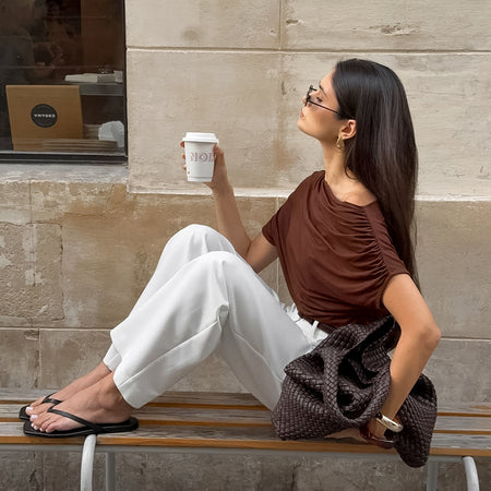 Chloe One Shoulder Summer Top - seated side shot, brown - Miss Mosa By Akanksha