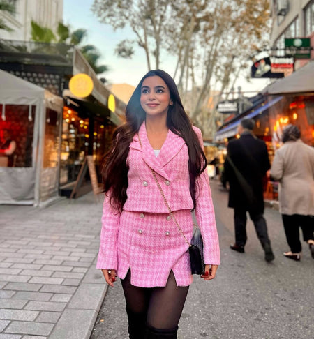 Chloey Luxe Tweed 2 Pc Set - Set of Jacket and Skirt - front shot on model outdoors, pink - Miss Mosa By Akanksha