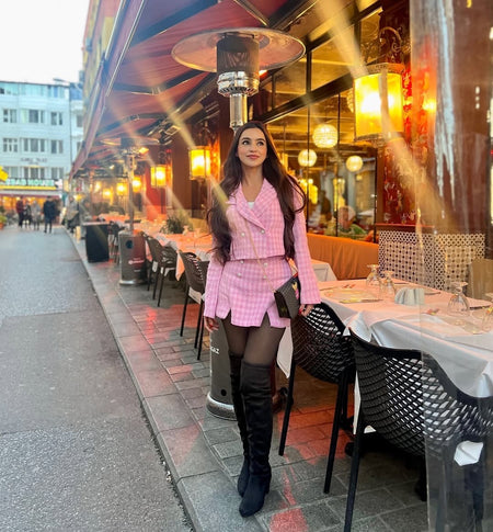 Chloey Luxe Tweed 2 Pc Set - Set of Jacket and Skirt - full-length front shot on model outdoors, pink - Miss Mosa By Akanksha