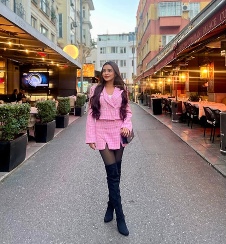 Chloey Luxe Tweed 2 Pc Set - Set of Jacket and Skirt - full-length front shot on model outdoors, pink - Miss Mosa By Akanksha