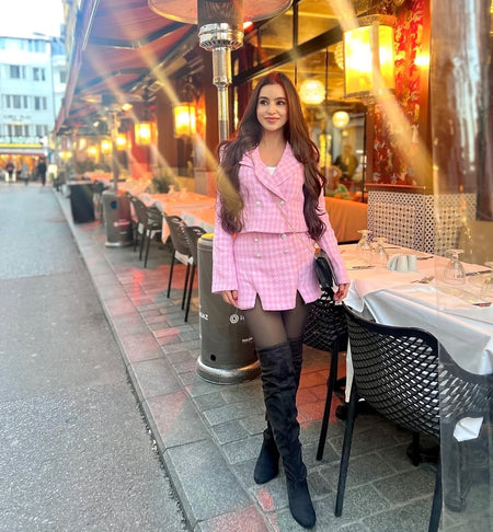 Chloey Luxe Tweed 2 Pc Set - Set of Jacket and Skirt - full-length styling shot on model, pink - Miss Mosa By Akanksha