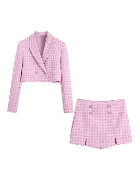Chloey Luxe Tweed 2 Pc Set - Set of Jacket and Skirt - flat-lay shot of jacket and skirt, pink - Miss Mosa By Akanksha