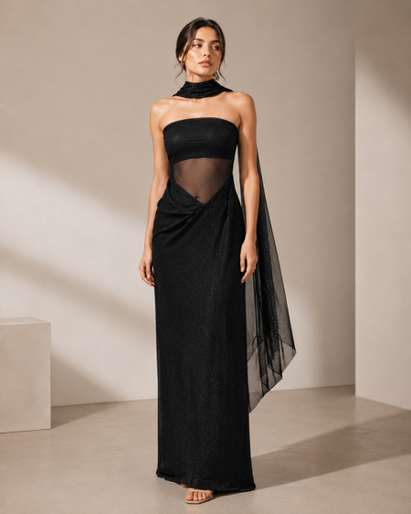Ciana Shimmer Maxi Dress With Scarf - full-length front shot on model, black - Miss Mosa By Akanksha