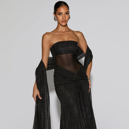 Ciana Shimmer Maxi Dress With Scarf - front shot on model, black - Miss Mosa By Akanksha