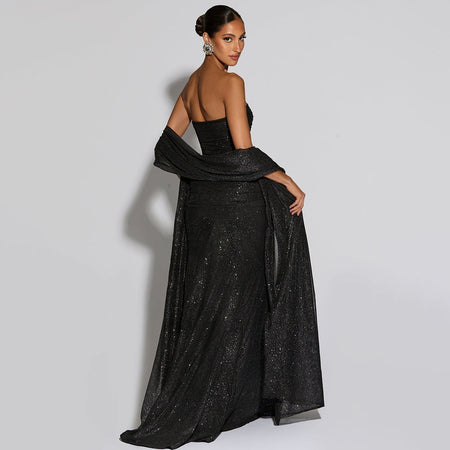 Ciana Shimmer Maxi Dress With Scarf - back shot on model, black - Miss Mosa By Akanksha