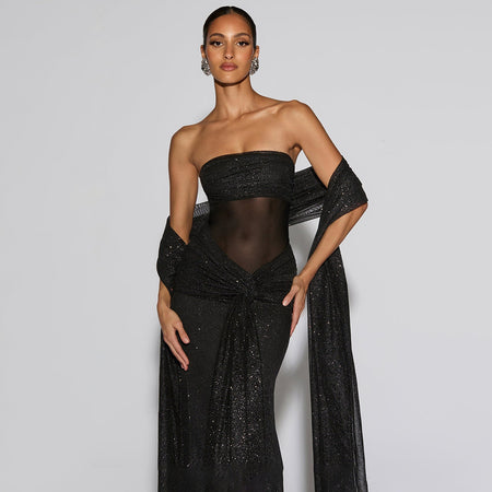 Ciana Shimmer Maxi Dress With Scarf - front shot on model, black - Miss Mosa By Akanksha