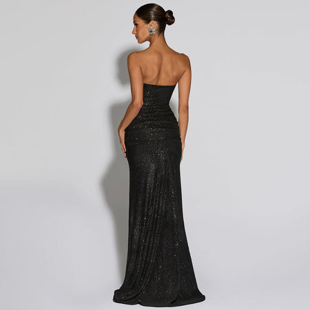 Ciana Shimmer Maxi Dress With Scarf - back shot on model, black - Miss Mosa By Akanksha