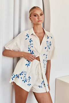 Ciao Coord Short Set - three-quarter front shot, cream with blue embroidery - Miss Mosa By Akanksha