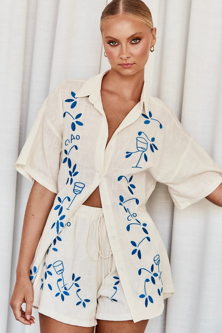 Ciao Coord Short Set - front shot, cream with blue embroidery - Miss Mosa By Akanksha