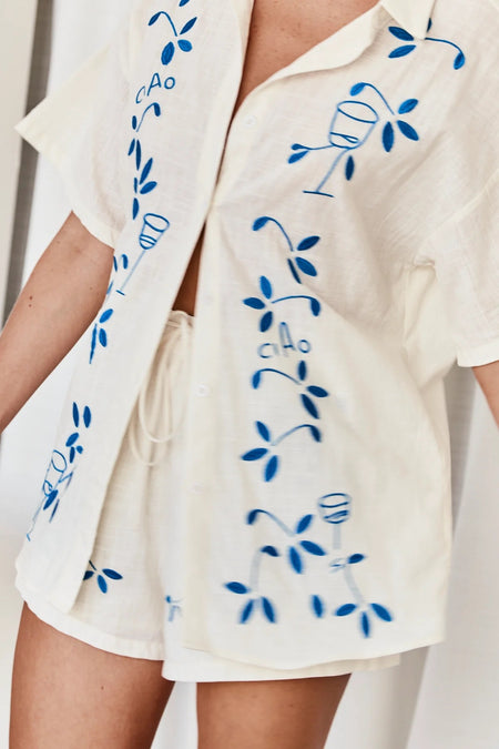 Ciao Coord Short Set - close-up detail shot, cream with blue embroidery - Miss Mosa By Akanksha