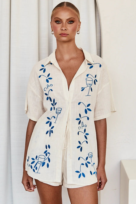 Ciao Coord Short Set - front shot, cream with blue embroidery - Miss Mosa By Akanksha