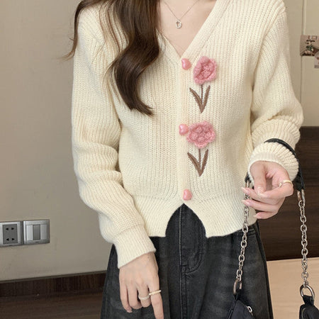 Cielia Flower Woolen Cardigan - front shot on model, cream - Miss Mosa By Akanksha