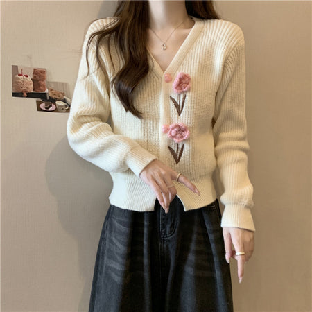Cielia Flower Woolen Cardigan - front shot on model, pink - Miss Mosa By Akanksha