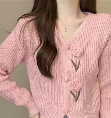 Cielia Flower Woolen Cardigan - front shot on model, cream - Miss Mosa By Akanksha