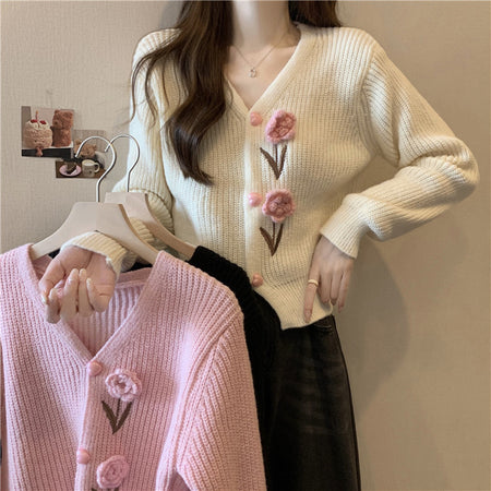 Cielia Flower Woolen Cardigan - front shot on model, cream - Miss Mosa By Akanksha