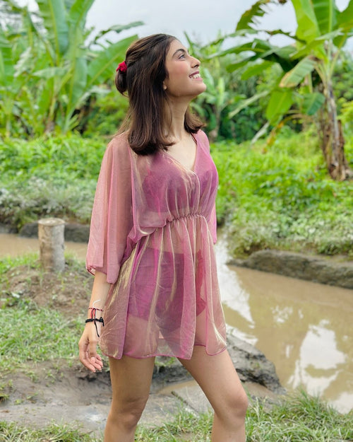 Cilia 3 Piece Swimsuit In Maroon - lifestyle shot on model, pink - Miss Mosa By Akanksha