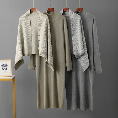 Cinzia Midi Dress With Cape - flat-lay shot, olive green and grey - Miss Mosa By Akanksha
