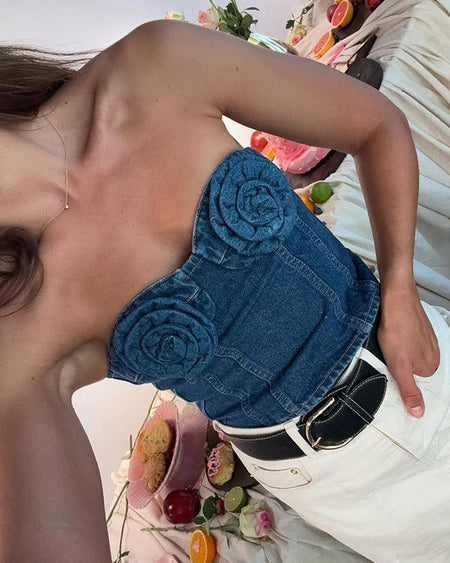 Cinzia Rose Denim Top - close-up shot, blue denim - Miss Mosa By Akanksha