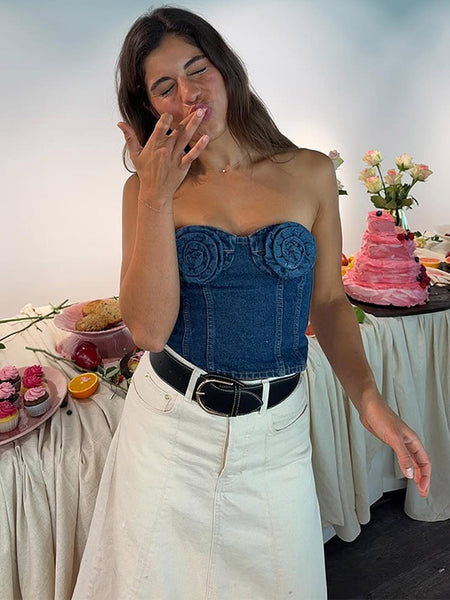 Cinzia Rose Denim Top - three-quarter shot, blue denim - Miss Mosa By Akanksha