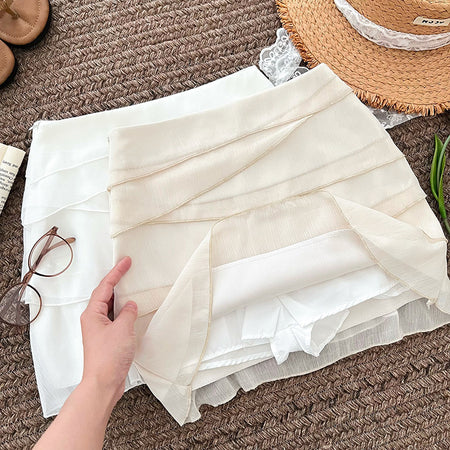 Cira Ruffle Skorts - flat-lay shot, white and cream - Miss Mosa By Akanksha