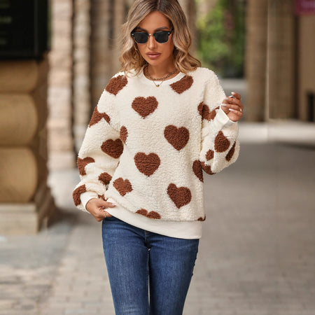 Clara Heart Woolen Sweater - three-quarter shot, cream with brown hearts - Miss Mosa By Akanksha