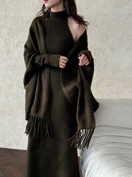 Clelia Luxe Dress With Cape - front shot, dark olive - Miss Mosa By Akanksha