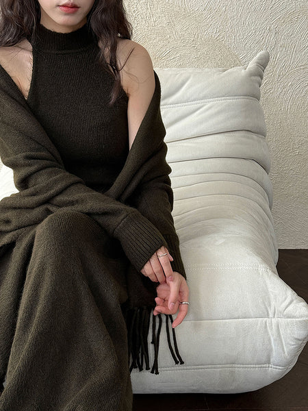 Clelia Luxe Dress With Cape - seated shot, dark olive - Miss Mosa By Akanksha