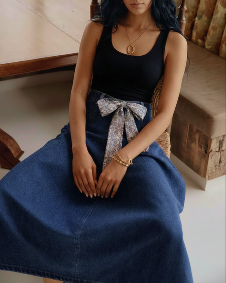 Cleo Denim Midi Skirt - seated shot, dark blue denim - Miss Mosa By Akanksha