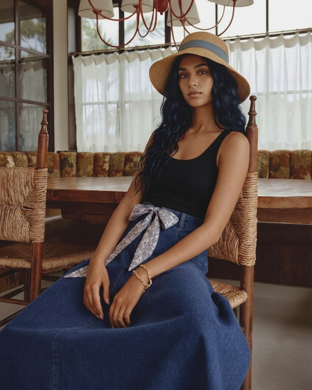 Cleo Denim Midi Skirt - seated shot, dark blue denim - Miss Mosa By Akanksha