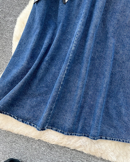 Cleo Denim Midi Skirt - fabric detail shot, dark blue denim - Miss Mosa By Akanksha