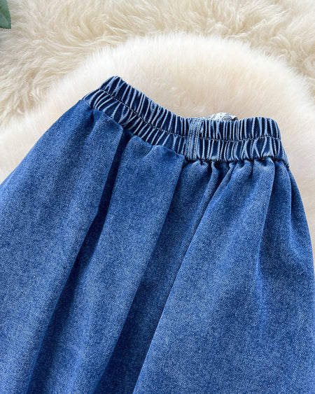 Cleo Denim Midi Skirt - waistband detail shot, dark blue denim - Miss Mosa By Akanksha