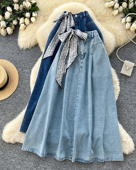 Cleo Denim Midi Skirt - flat-lay shot, light and dark blue denim - Miss Mosa By Akanksha