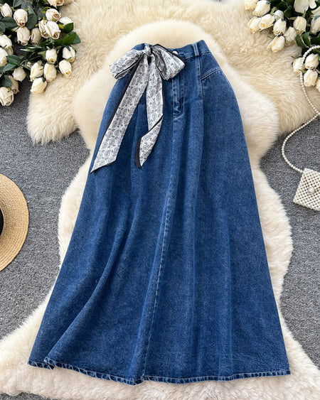 Cleo Denim Midi Skirt - flat-lay shot, dark blue denim - Miss Mosa By Akanksha