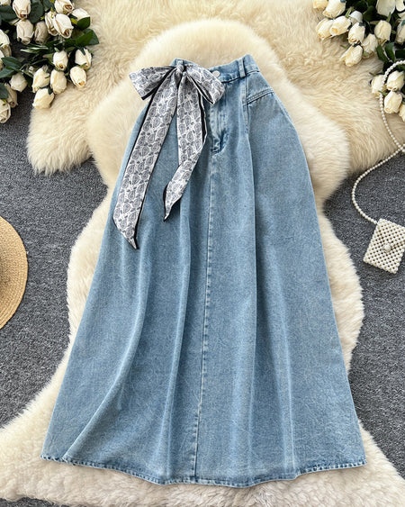 Cleo Denim Midi Skirt - flat-lay shot, light blue denim - Miss Mosa By Akanksha