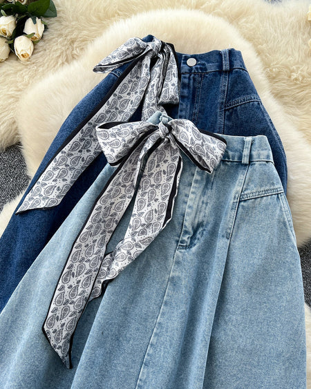 Cleo Denim Midi Skirt - fabric detail shot, light and dark blue denim - Miss Mosa By Akanksha