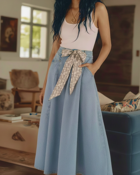 Cleo Denim Midi Skirt - full-length shot, light blue denim - Miss Mosa By Akanksha