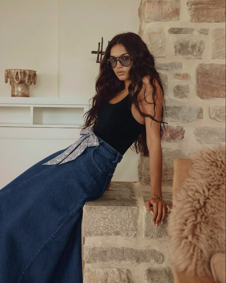 Cleo Denim Midi Skirt - three-quarter shot, dark blue denim - Miss Mosa By Akanksha