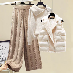 Cleo Luxe Coord Set With Jacket - flat-lay set shot, beige knit with cream top and cream gilet - Miss Mosa By Akanksha