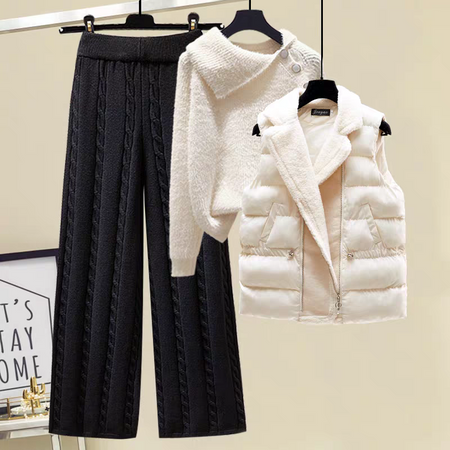 Cleo Luxe Coord Set With Jacket - flat-lay set shot, black knit with cream top and cream gilet - Miss Mosa By Akanksha