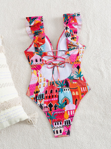 Cleo One Pc Ruffle Swimsuit - flat-lay back shot, pink and orange print - Miss Mosa By Akanksha